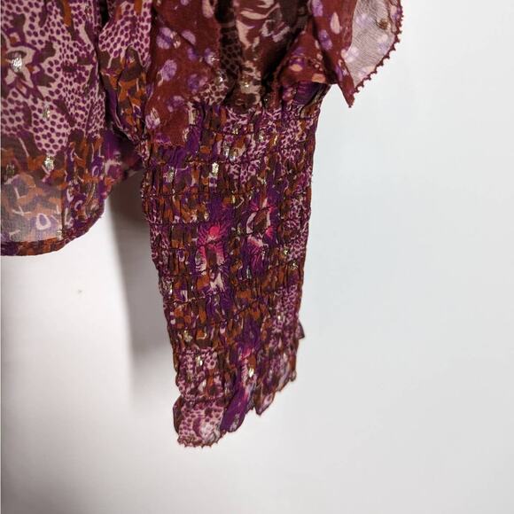 ULLA JOHNSON Elita Ruffle Long Sleeve Blouse Claret Patchwork Size 0 XS Preowned - Picture 13 of 15